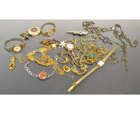 Costume jewellery and Watches - a lady's 9ct rose gold watch; others; an sterling silver bar brooch set with a faceted amethy