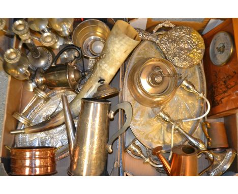 Metalware - Plated and copper including a coffee pot, trays,planters,wall barometer,ice bucket, candle sticks;etc 