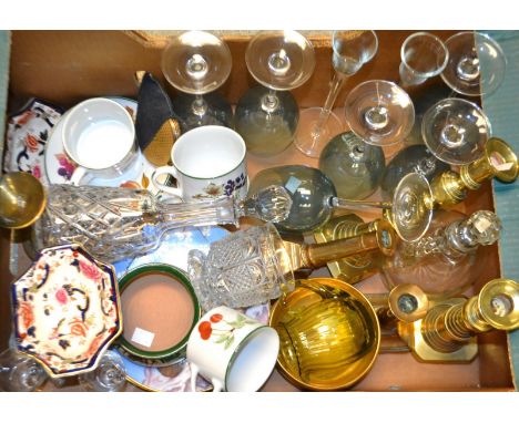 Ceramics, Glass and Metalware- Decanters; Royal Worcester cups and saucers; brass candlesticks; stratton compact; Masons dish