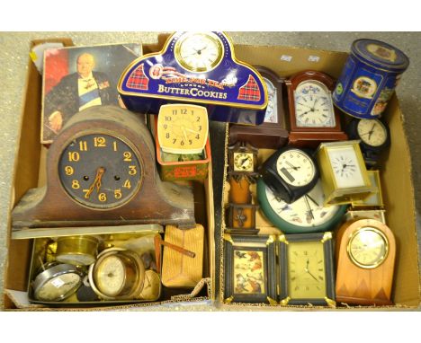 Clocks - a miniature oak novelty longcase clock; a mantel clock biscuit tin; other alarm clocks, parts, keys, spares; etc (2 