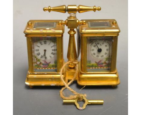 A lacquered brass twin miniature carriage clock and barometer, with key, 11cm high, 12cm wide