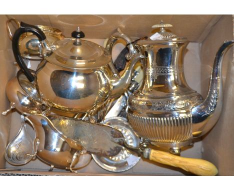 Silver & Silver plate - a French 830 grade silver serving spoon;  a three piece tea service;  crumb scoop, flatware etc qty