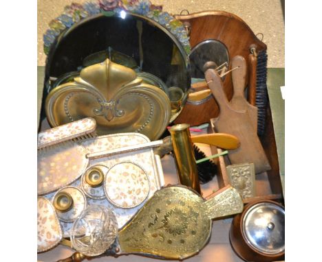 Boxes and Objects - A barbular circular mirror ; a dressing table set; a brass crumb tray with brush; a trench art spill vase