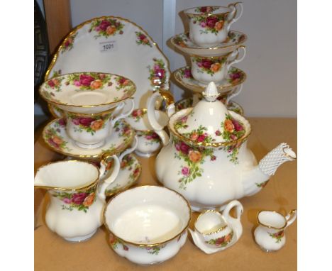 A Royal Albert Old Country Roses tea service for six comprising teapot, cake plate, side plates, creamer, sugar bowl, cups an