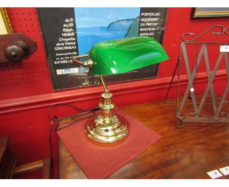 A brass banker's lamp, brass with green glass shade, 35cm high