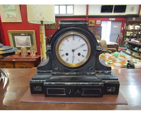 A late Victorian slate and marble clock of architectural form, Roman enamelled dial (a/f), dial and French movement signed Ch