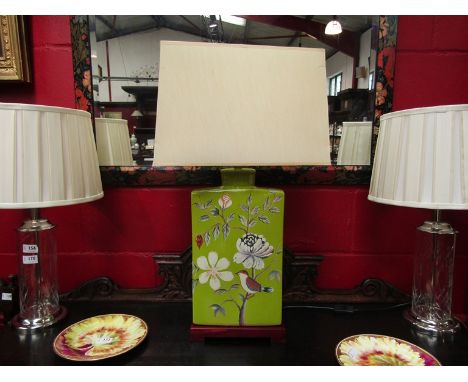 A large ceramic floral painted table lamp with shade, 74cm high including shade