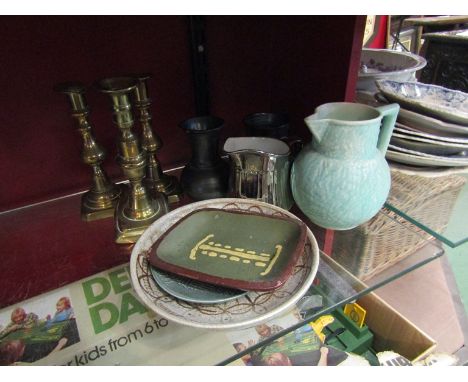 A Royal Worcester jug, Studio pottery dish, brass candlesticks etc