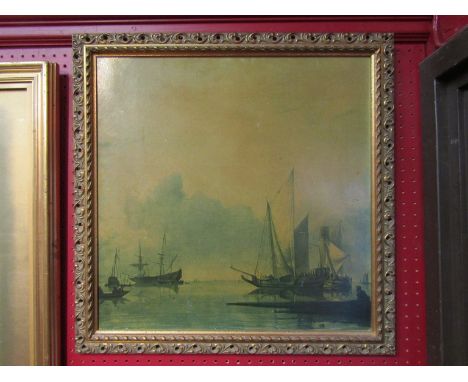 A Medici print in a pierced gilt wood frame after Jan Van De Cappelle (c 1624-1679), of boats at sea, label for T&amp;R Annan