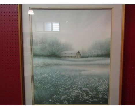 A print depicting a Dutch style barn in a meadow, framed and glazed, 64cm x 52cm    