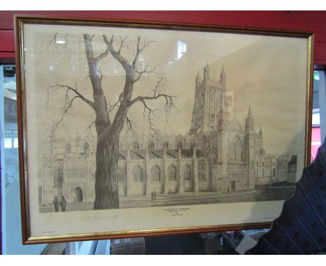 A Jack Russell pencil signed limited edition print, "Gloucester Cathedral", framed and glazed, 44cm x 63cm