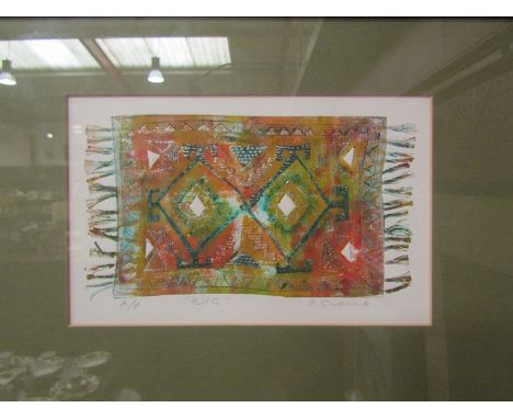 P. GABRIEL (XX): An artist's proof mixed media "Rug" depicting Middle Eastern tasselled rug, framed and glazed, 10cm x 18cm