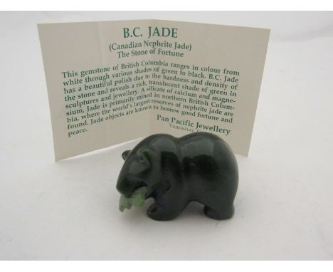 A Canadian jade figure of a bear with salmon in its mouth, 4cm long