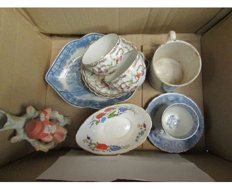 A mixed lot including two Dresden cups and saucers, various blue and white wares and a 19th Century mug depicting alphabet le