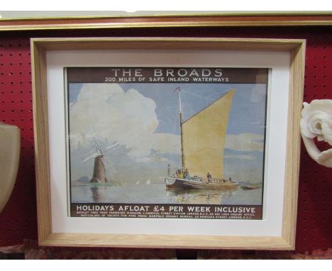 A modern framed and glazed tourist print of "The Broads 200 miles of Safe Inland Waterways", 30cm x 40cm
