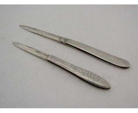 Two silver fruit knives, engine turned and engraved