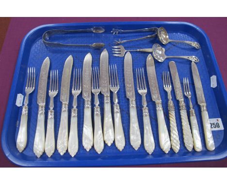 A Decorative Set of Six Mother of Pearl Handled Knives and Forks, with hallmarked silver ferrules; together with two pairs of