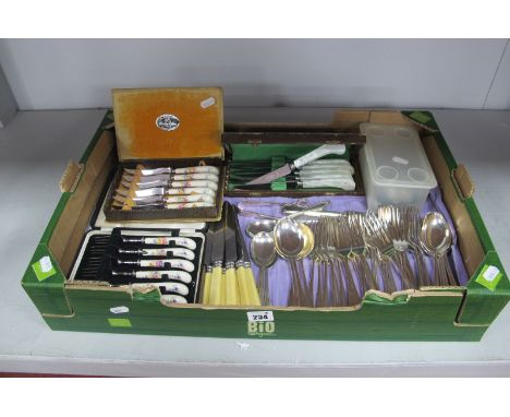 Assorted Plated Cutlery, including floral ceramic handled knives and forks (damage); a small collection of souvenir and other