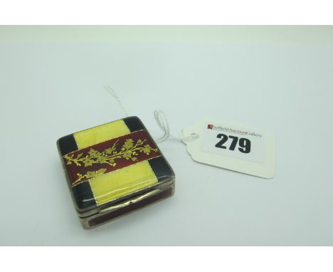 A Decorative Hallmarked Silver and Enamel Square Pill Box, C&amp;G, import marks for London 1926, the hinged lid detailed in 
