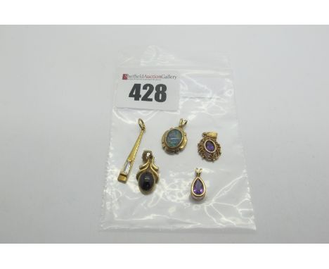 Five Modern 9ct Gold and Other Single Stone Pendants, including garnet, opal (doublet), amethyst etc. (5)