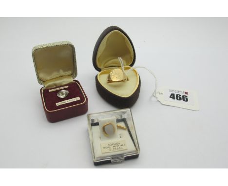 A 9ct Gold Signet Style Ring, initialled 'M' (finger size O) (2.9grams); together with two tie pins. 