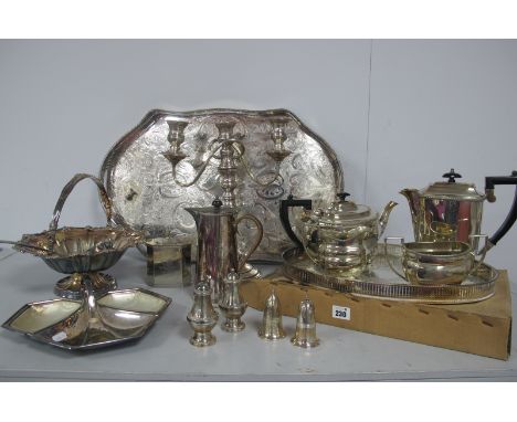 A Collection of Assorted Plated Ware, including four piece tea set, large oval gallery tray (one foot detached), swing handle