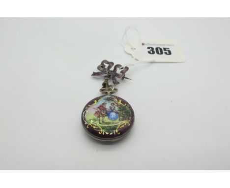 A Decorative Hallmarked Silver and Enamel Ladies Fob Watch, the white dial with gilt highlights and black Roman numerals, wit