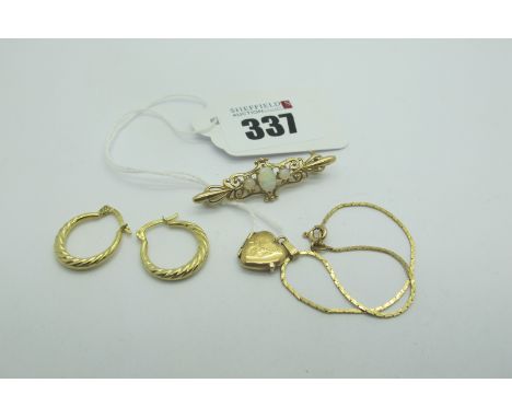A Modern 9ct Gold Opal Set Bar Brooch, of antique scroll design; together with a dainty bracelet, a 9ct gold heart shape lock