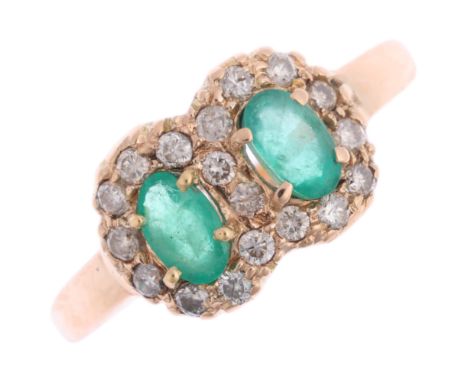 A late 20th century emerald and diamond double cluster ring, claw set with oval mixed-cut emeralds and modern round brilliant