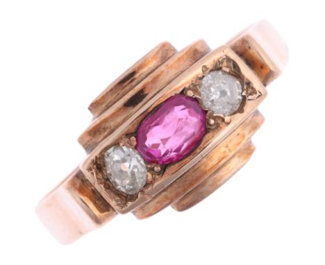 An early 20th century three stone ruby and diamond ring, set with oval mixed-cut ruby and round-cut diamonds, apparently unma