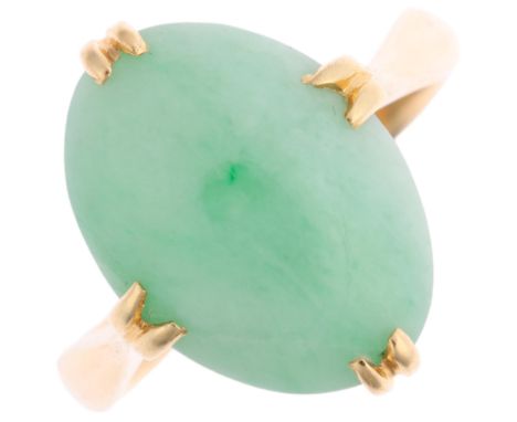 A mid-20th century 18ct gold single stone jade ring, maker HS, jade measures approx 14.22 x 10.48 x 5.85mm, size L, 4.6g Cond