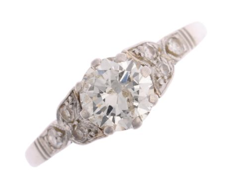 An Art Deco platinum 0.82ct solitaire diamond ring, centrally claw set with 0.8ct round brilliant-cut diamond, with single-cu