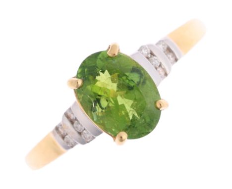 An 18ct gold green garnet and diamond dress ring, claw set with oval mixed-cut garnet and modern round brilliant-cut diamond 