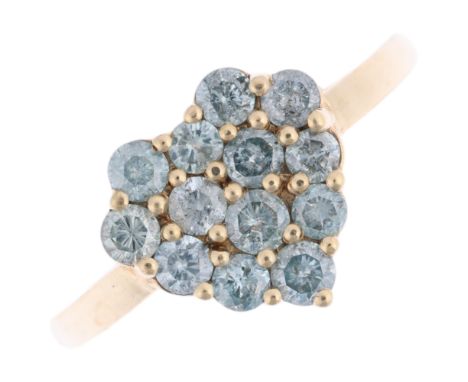 A modern 9ct gold blue diamond heart cluster ring, Birmingham 2023, claw set with round-cut blue diamonds, total diamond cont
