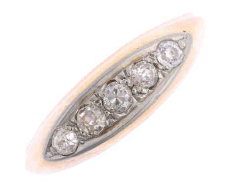 An early 20th century 18ct gold graduated five stone diamond half hoop ring, maker H Ltd, set with round-cut diamonds, total 