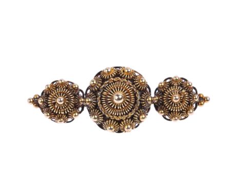 A 19th century Dutch 14ct gold cannetille bombe brooch, indistinct maker ZUY?, oak leaf mark, 29.5mm, 2.3g Condition Report:N