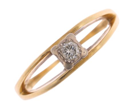 An 18ct gold 0.1ct solitaire diamond ring, square set with modern round brilliant-cut diamond, setting height 5.1mm, size M, 