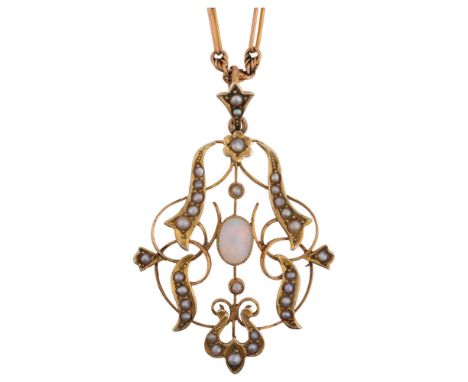 An Edwardian 9ct gold opal and pearl openwork pendant necklace, maker C&W, circa 1905, on 9ct rose gold fancy link chain, pen