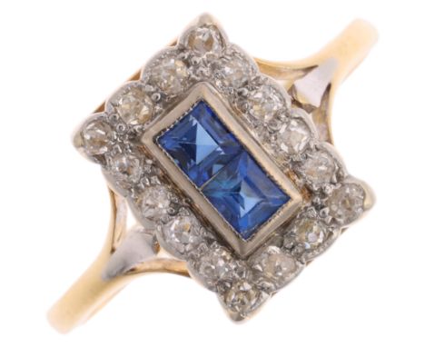 An 18ct gold sapphire and diamond cluster plaque ring, Birmingham 1989, in the Art Deco style, platinum-topped set with squar