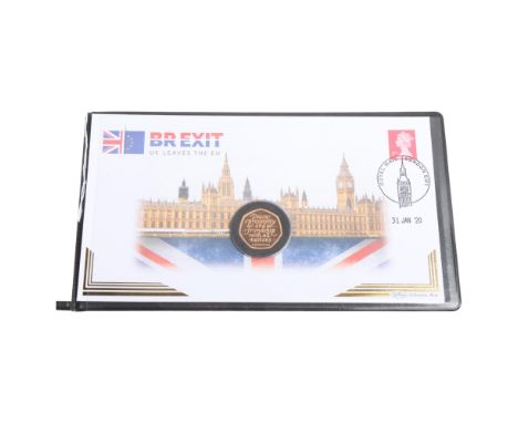 An Elizabeth II 2020 Brexit gold proof 50p coin cover, by Harrington & Byrne, with First Class Machin Definitive stamp, limit