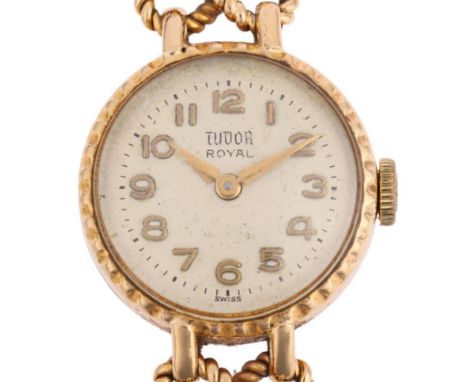 TUDOR - a lady's Vintage 9ct gold Royal mechanical bracelet watch, circa 1960s, silvered dial with gilt Arabic numerals, lanc