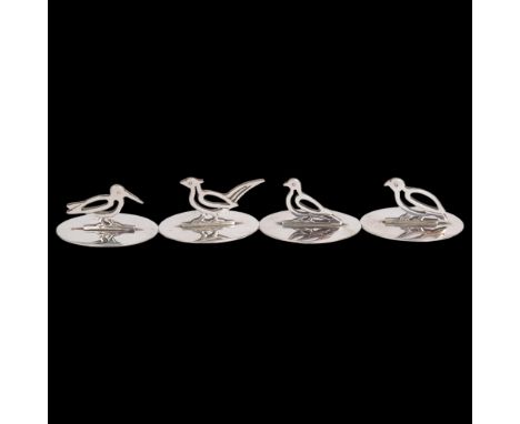 A cased set of 4 Art Deco George VI Scottish silver game bird menu card holders, Brook &amp; Son, Edinburgh 1937, base 4.5cm,