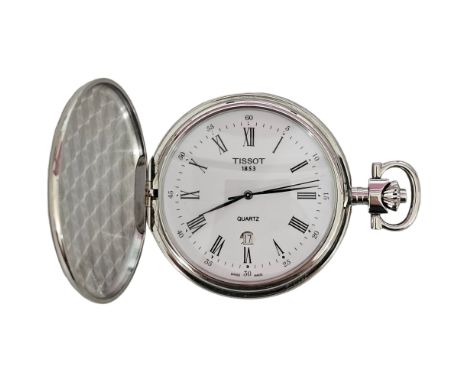 TISSOT - a stainless steel Savonnette quartz full hunter pocket watch, white dial with Roman numerals hour markers, leaf hand