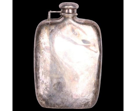A large Japanese 950 silver curved hip flask, Miyakatsu & Co, with bayonet cap, 15cm x 10cm, 6.9oz Condition Report:Front has