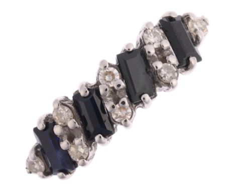 A 9ct white gold sapphire and diamond half hoop ring, maker S&Co, Birmingham 1988, set with baguette-cut sapphires and single