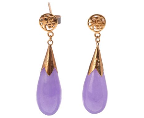 A pair of Chinese 14ct gold lavender jade drop earrings, with stud fittings, 31.3mm, 4.4g Condition Report:No damage or repai