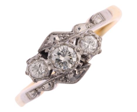 An 18ct gold three stone diamond crossover ring, set with modern round brilliant-cut diamonds, total diamond content approx 0