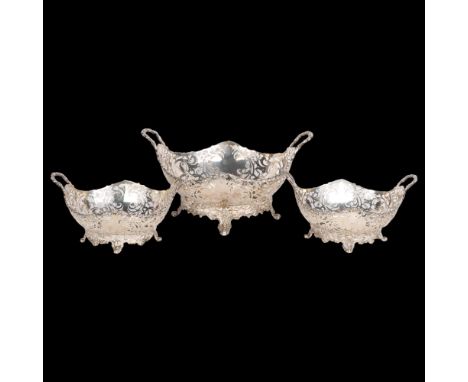 An impressive set of 3 George V silver 2-handled table centre baskets, Mappin & Webb limited, London 1923, oval form with pie