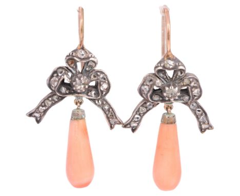A pair of Victorian coral and diamond ribbon bow drop earrings, set with old and rose-cut diamonds, with shepherd hook fittin