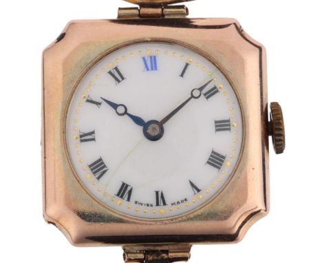 A lady's Art Deco 9ct rose gold cushion mechanical wristwatch, circa 1920s, white enamel dial with hand painted Roman numeral